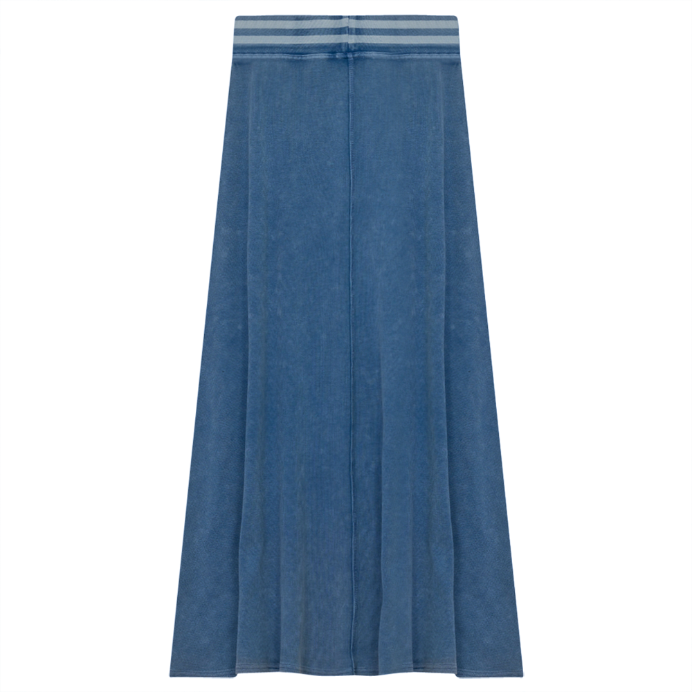 Ladies Denim Rib Long Panel Skirt With Elastic Stripe Waistband