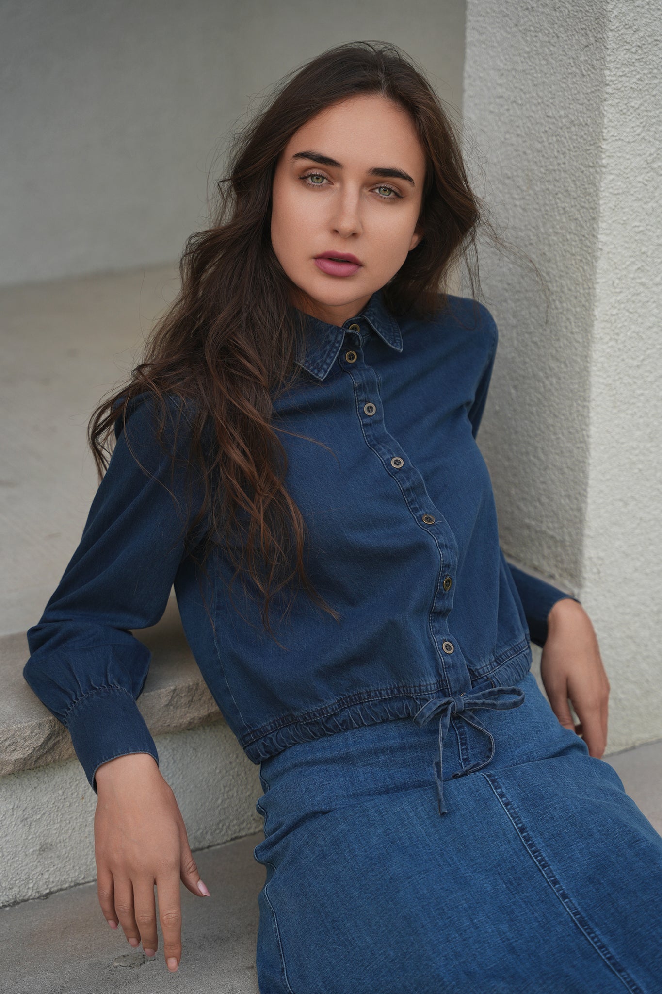 Denim Henley Bungee Top