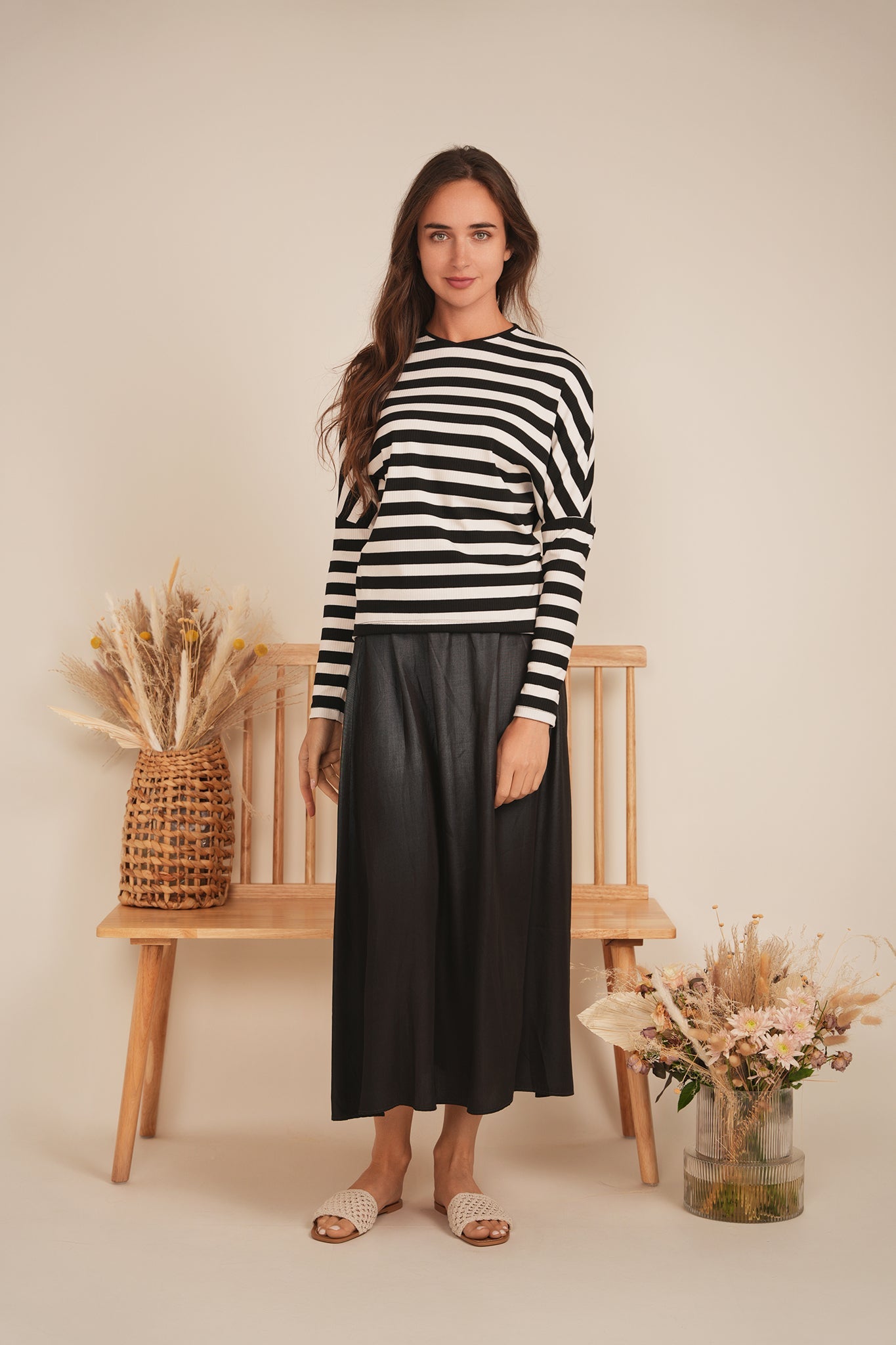 Cotton Striped V Neck Top