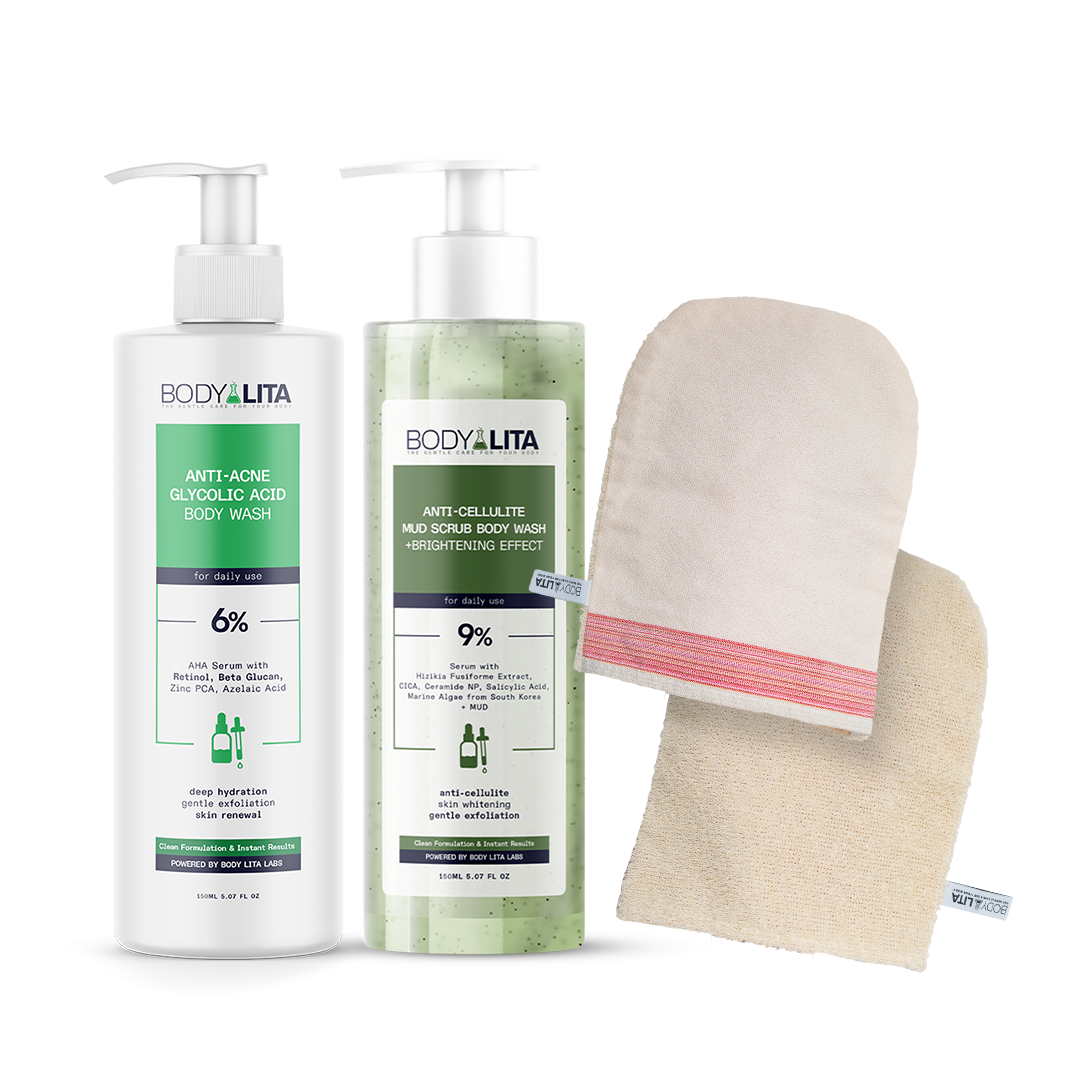 BodyLita Smoothing & Purifying Routine Set, Bath Loofah + Anti-Cellulite Body Wash + Anti-Acne Glycolic Acid Body Wash, 3-Piece Bundle