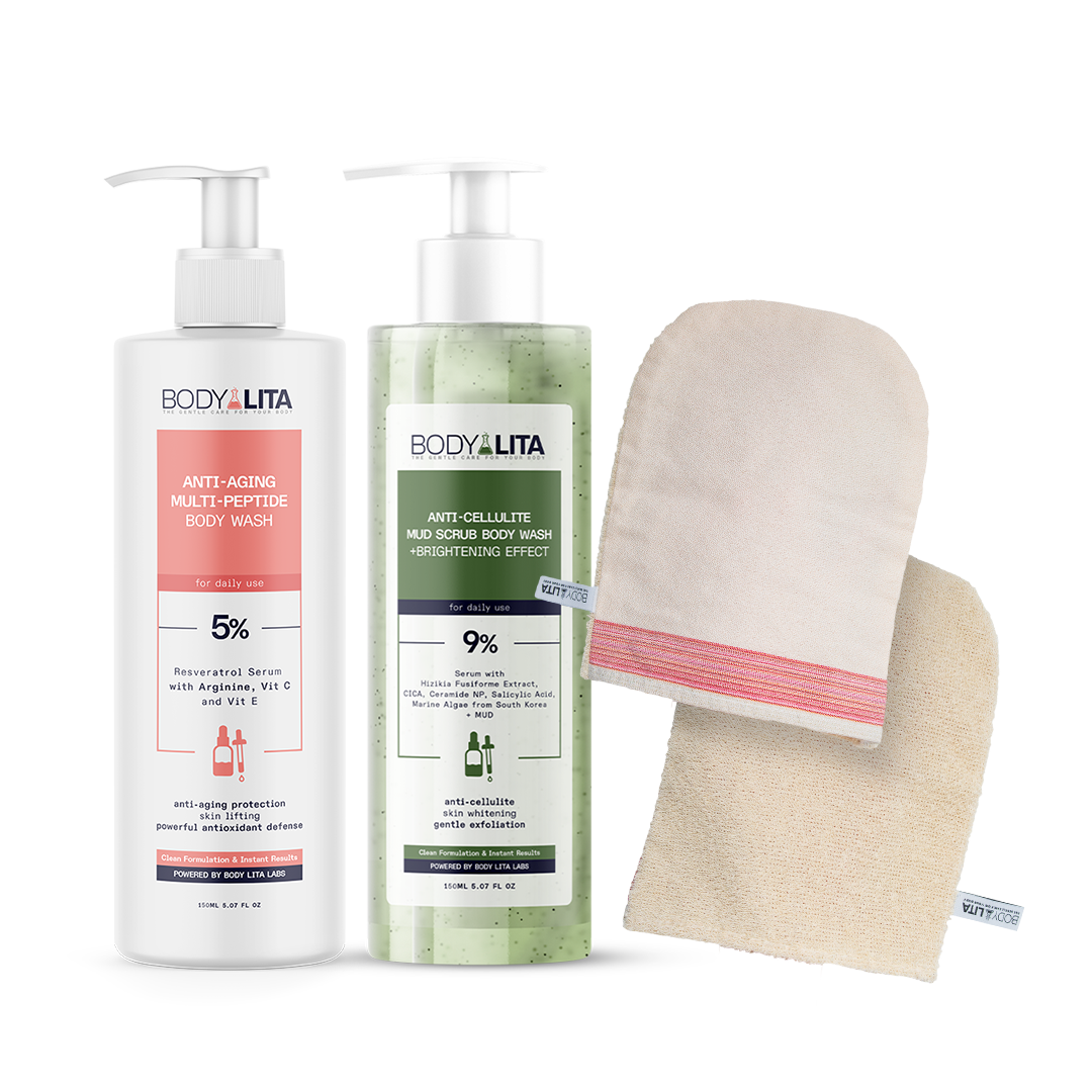 BodyLita Complete Renewal Shower Routine Set, Bath Loofah + Anti-Cellulite Body Wash + Multi-Peptide Body Wash, 3-Piece Bundle