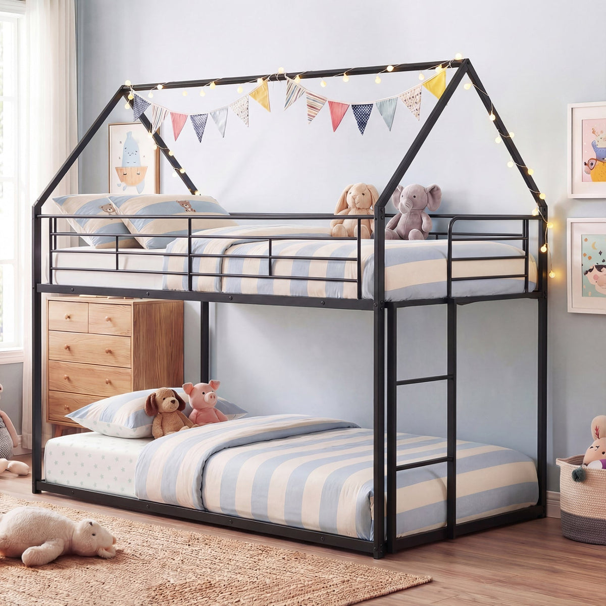 Gabled roof metal bunk bed (Twin)