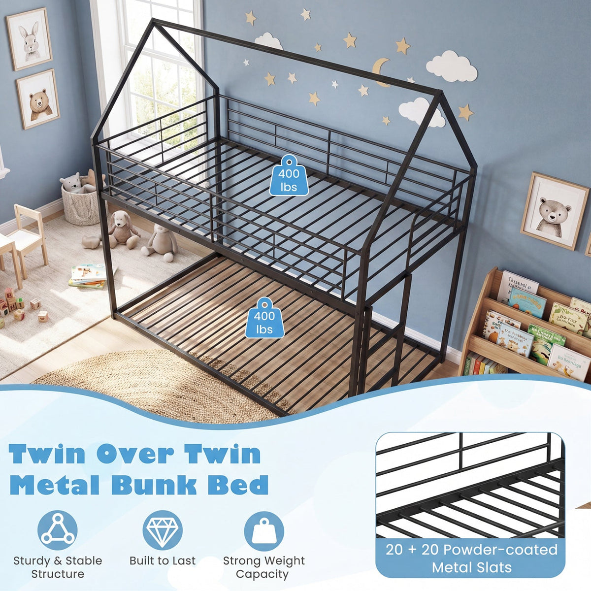 Gabled roof metal bunk bed (Twin)