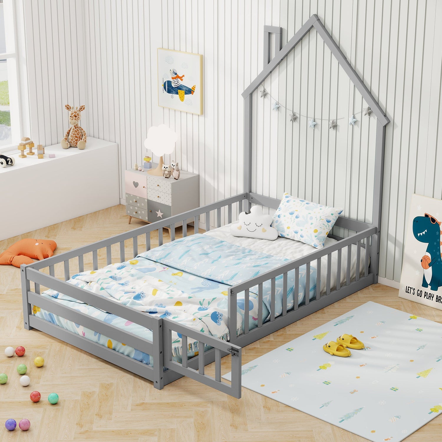 Twin Size Montessori Floor Bed with Lockable Door and Full-Length Guardrail