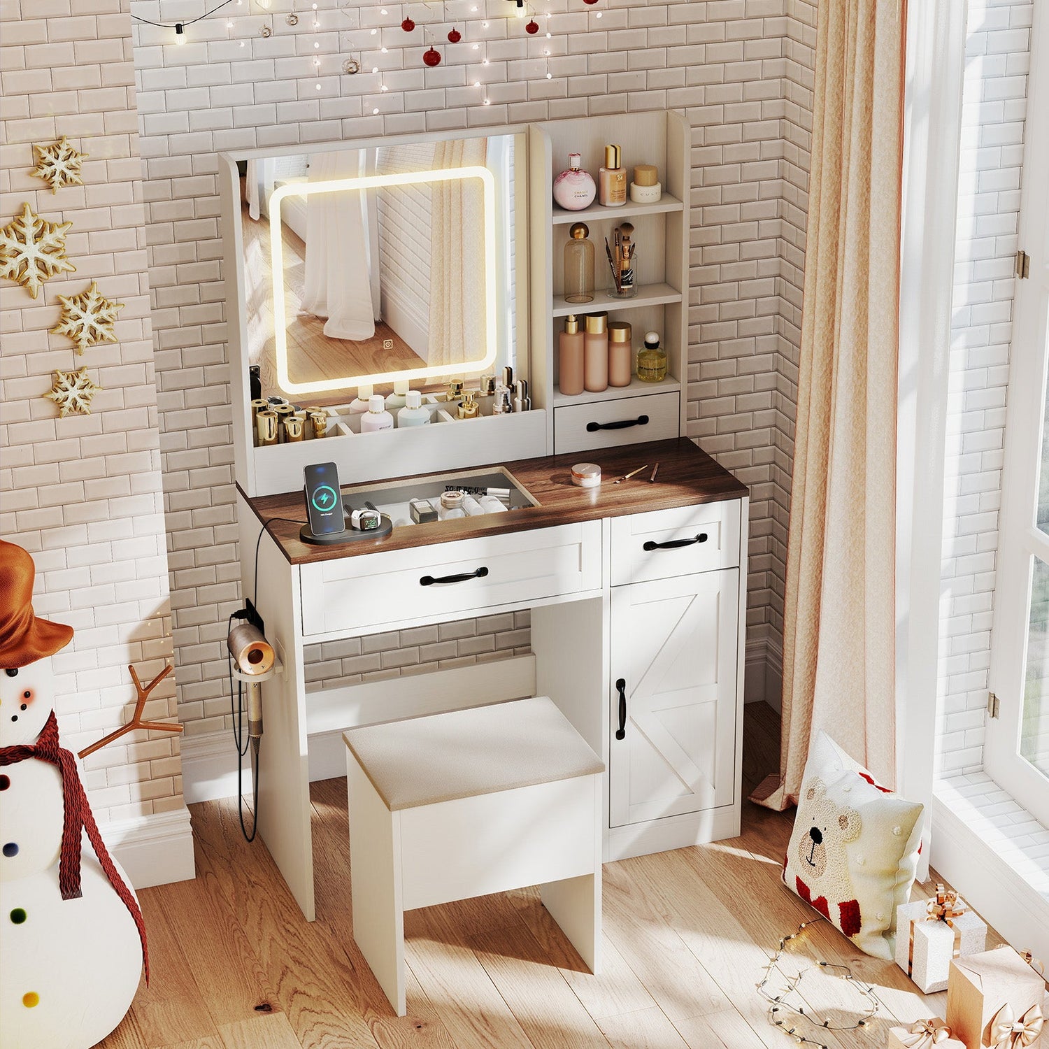 Vanity Desk with Mirror and Lights Farmhouse Makeup Dressing Table-White