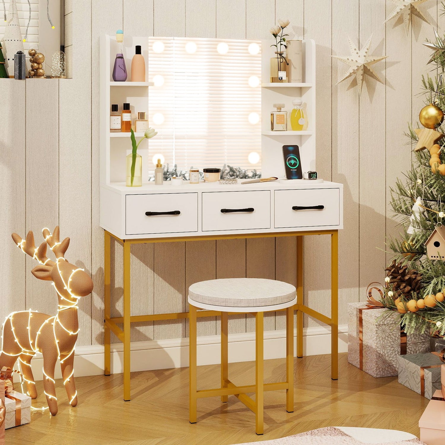 Vanity Desk with Mirror and Lights Makeup Dressing Table and Cushioned Stool Set-White