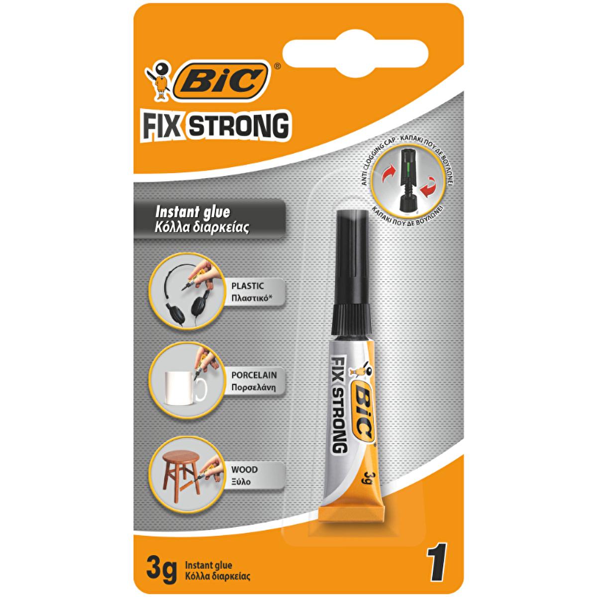 BIC Fix Strong Super Glue Adhesive - Instant Bonding for Plastic, Porcelain & Wood - 3g Tube