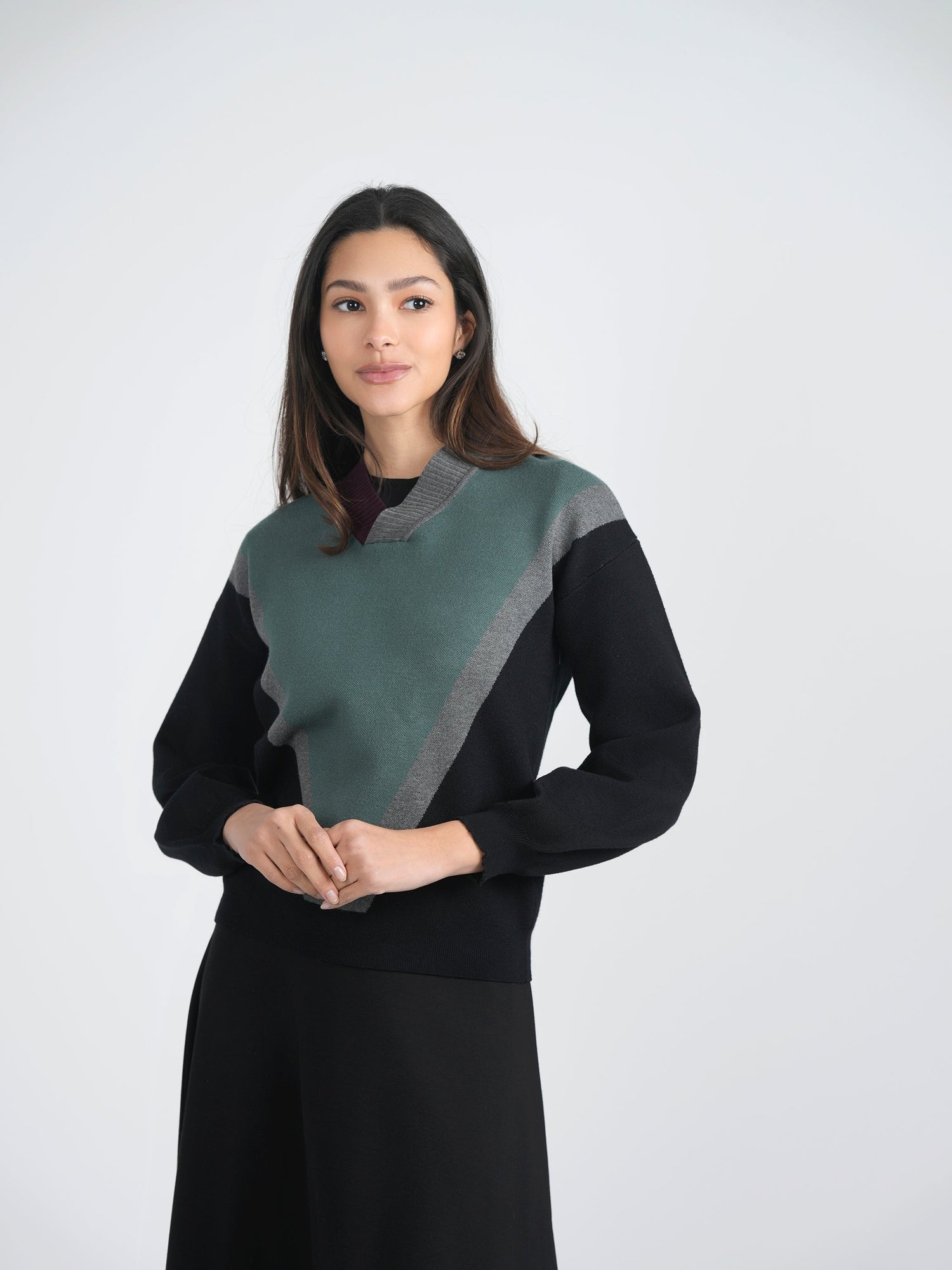 V Neck Color Block Sweater