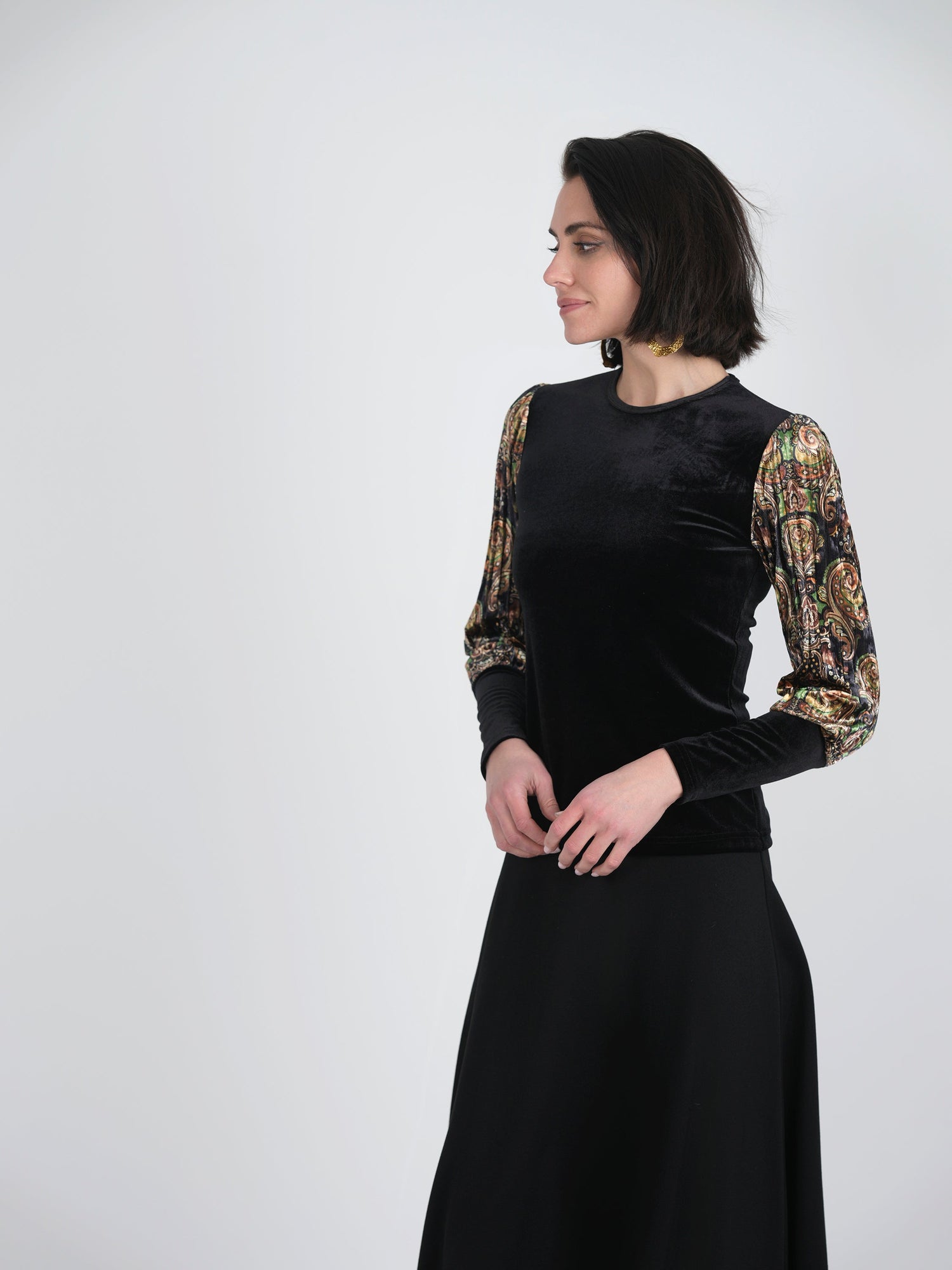 Slinky Velour Combo printed Accordian Sleeve Top
