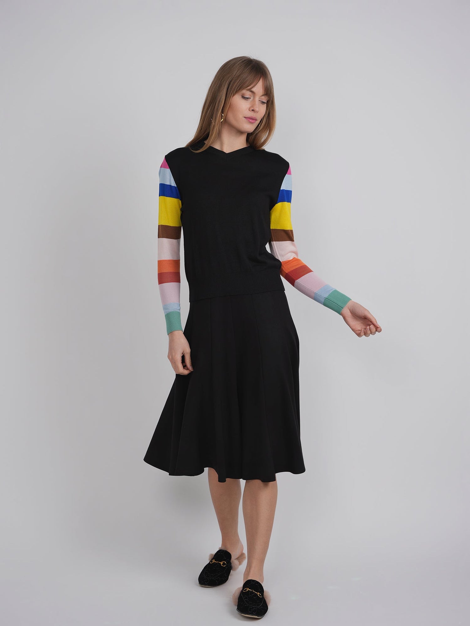 V Neck Sweater With Striped Sleeves