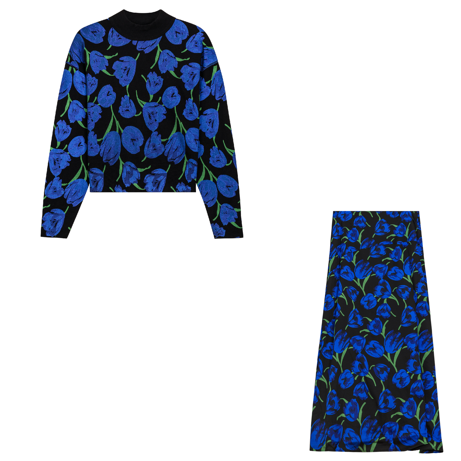 Printed Satin Maxi Skirt With Printed Mock Neck Sweater