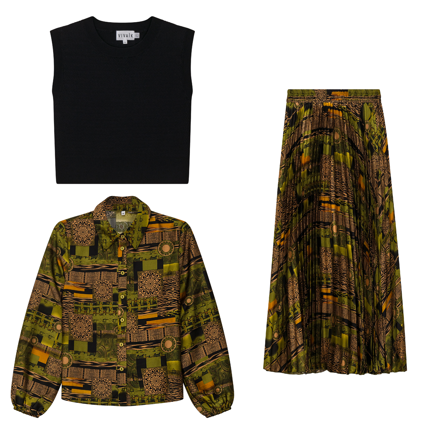 Printed Satin Midi Accordian Pleated Skirt Set With Cropped Knit Vest