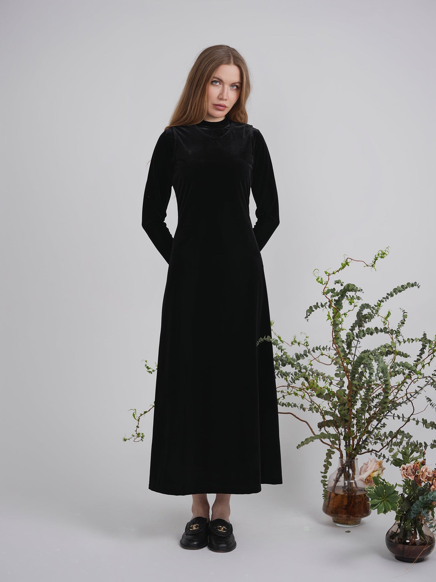 Velour Tie Mock Neck
