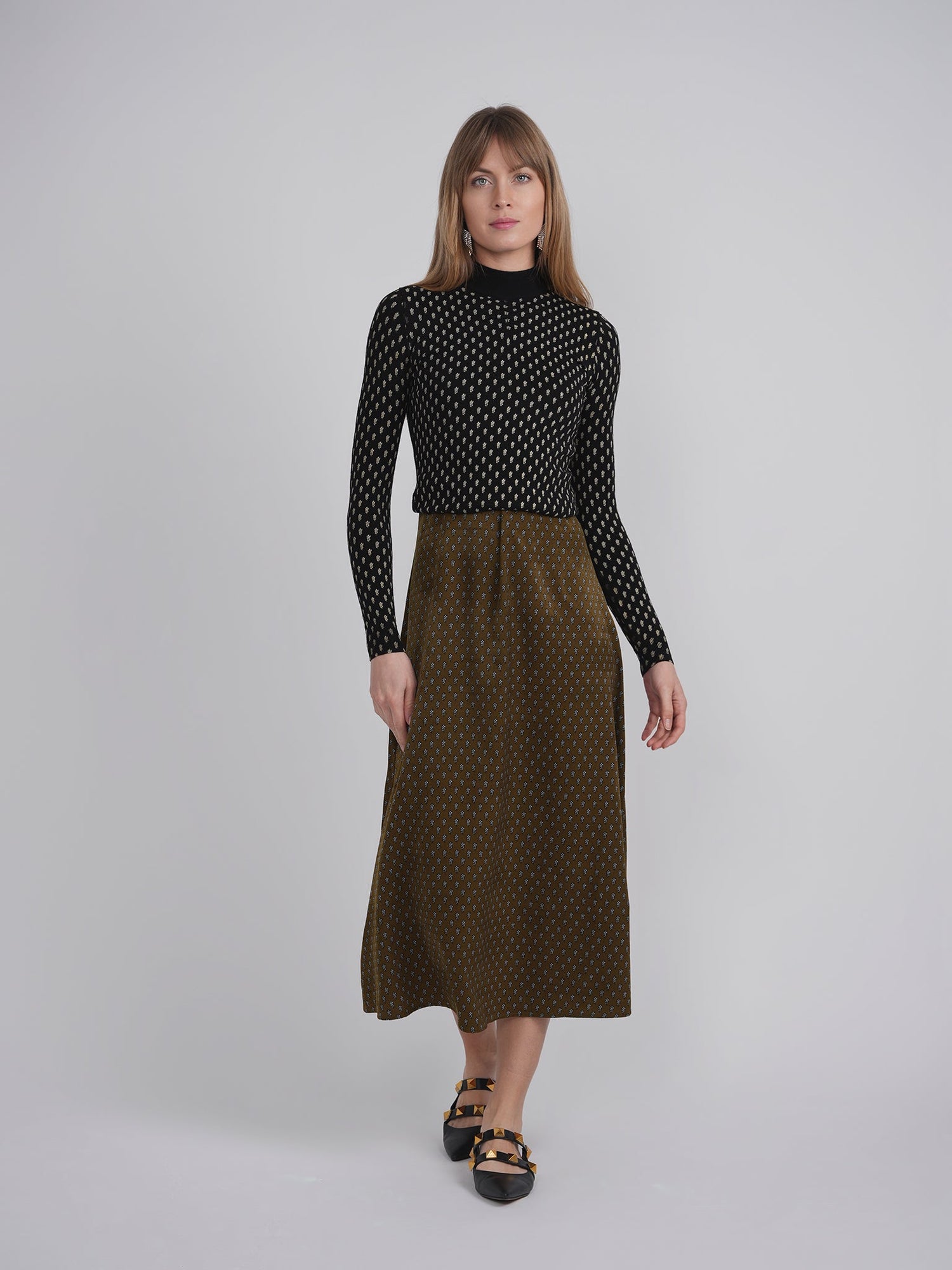 Printed Shirred Mock Neck Sweater
