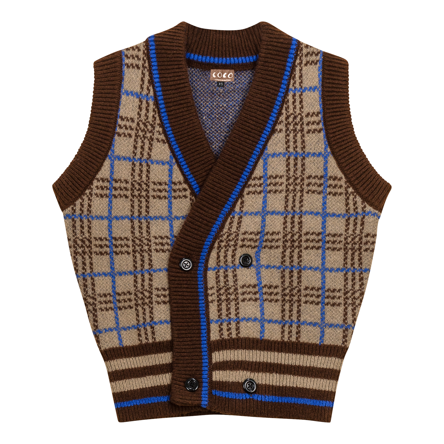 Knit Plaid Double Breasted Vest