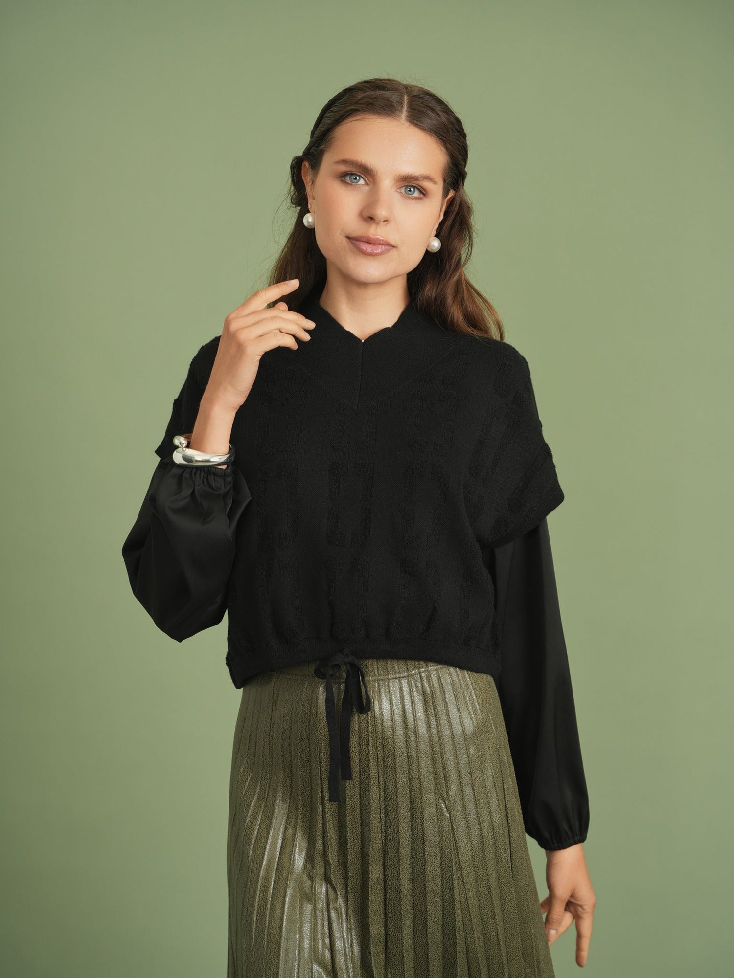 Leather Crinkle Pleated Midi Skirt