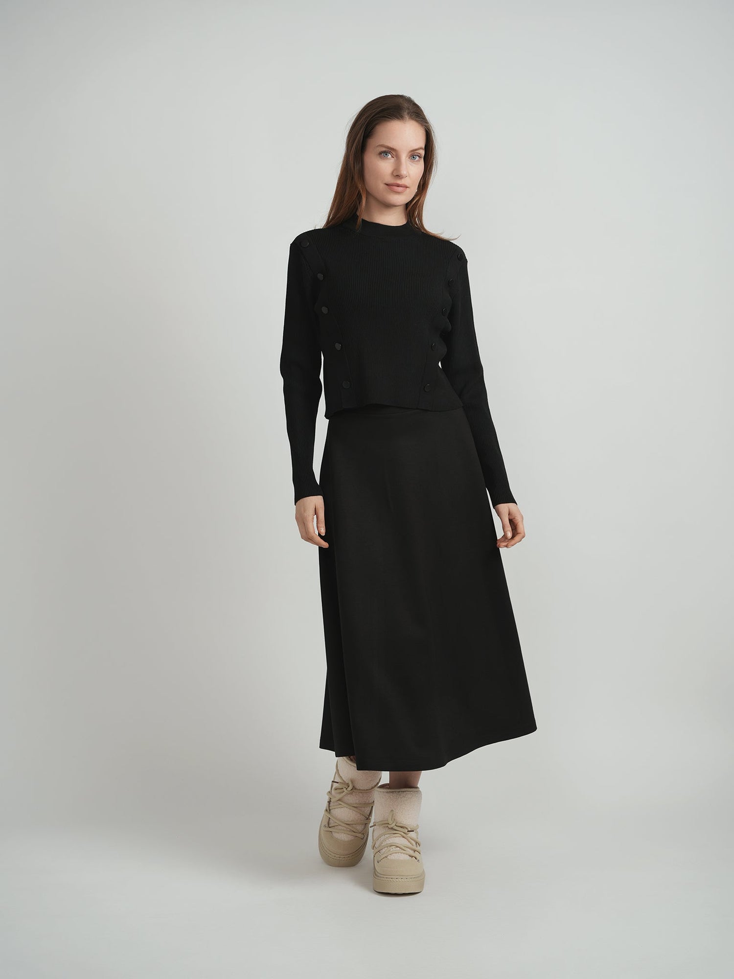 Cropped Ribbed Mock Neck Button Sweater