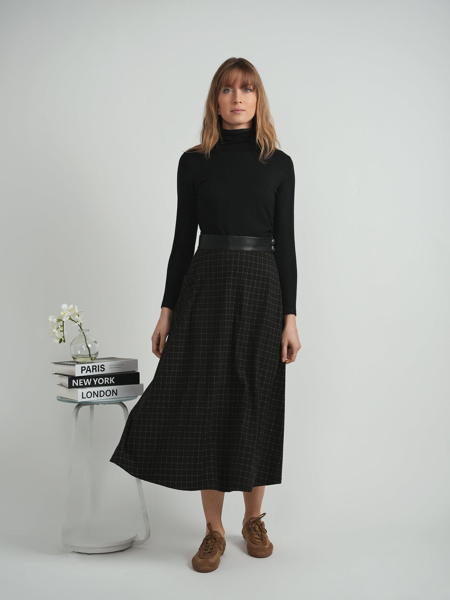 Plaid Corduroy Pocket Leather Skirt