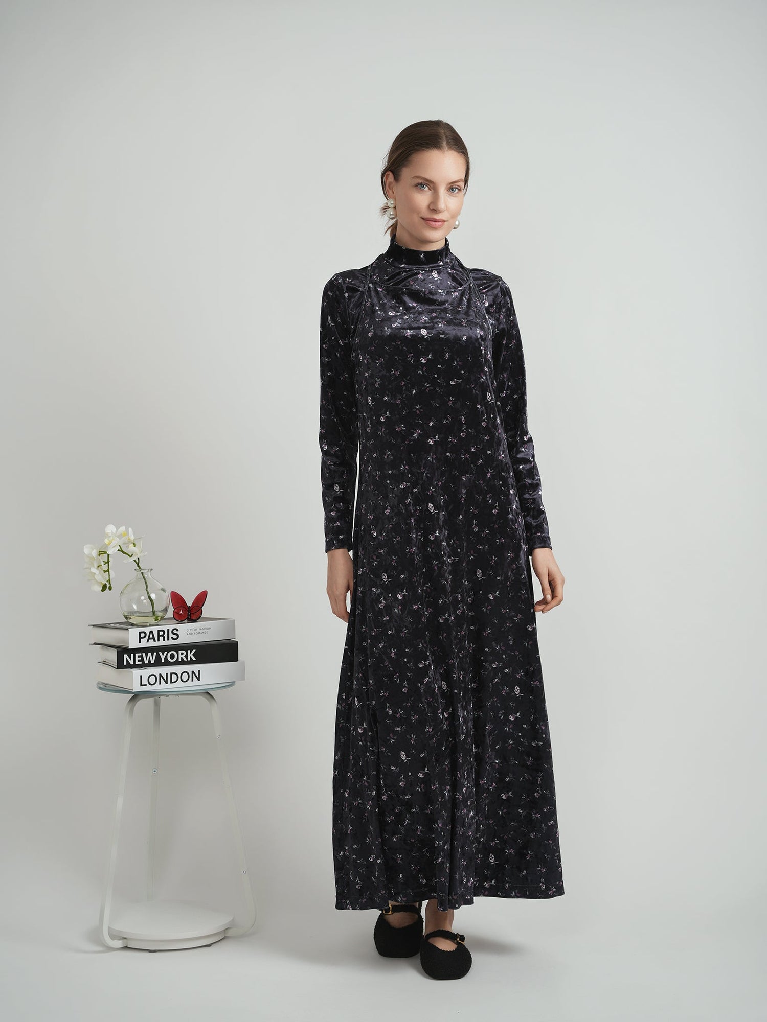 Printed Velour Maxi Jumper Mock Neck
