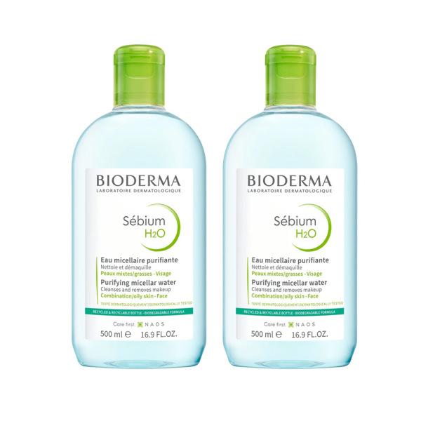 Bioderma Sebium H2O 500ml Twin Set - Gentle Cleansing Water for Oily Skin, Non-comedogenic Skincare, Makeup Remover