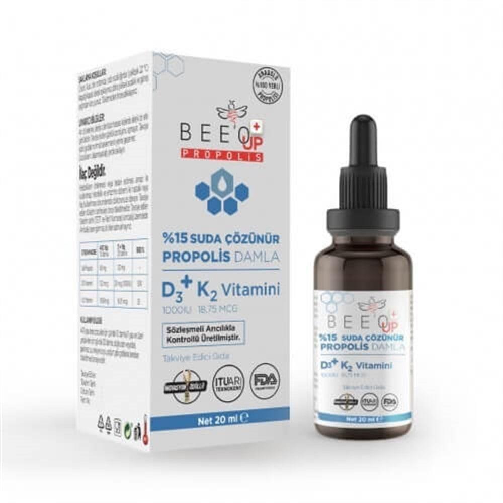 Bee'O UP 15% Water-Soluble Propolis + D3K2 Drops - Natural Immune Support Supplement for Adults & Children
