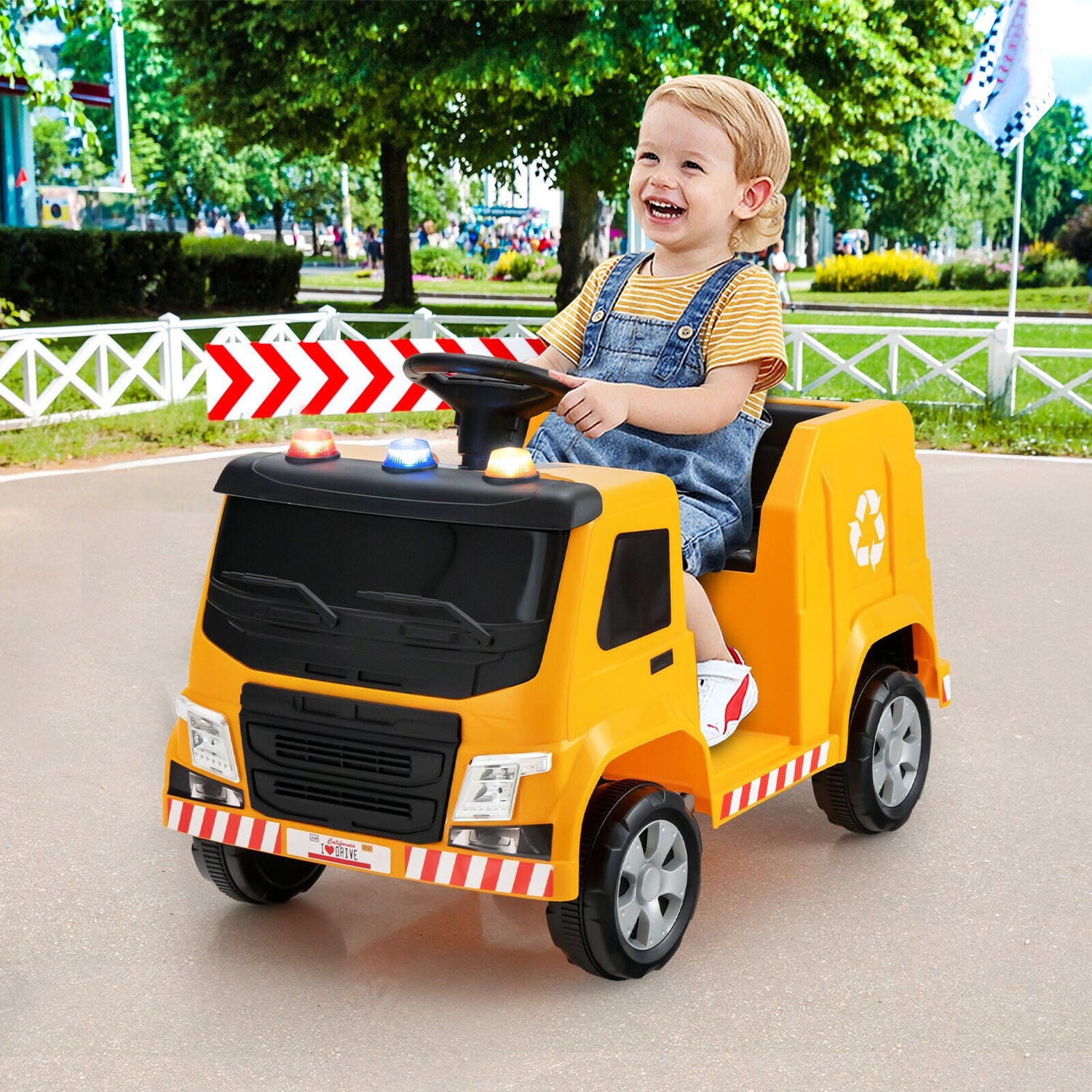 12V Kids Ride-on Garbage Truck with Warning Lights and 6 Recycling Accessories