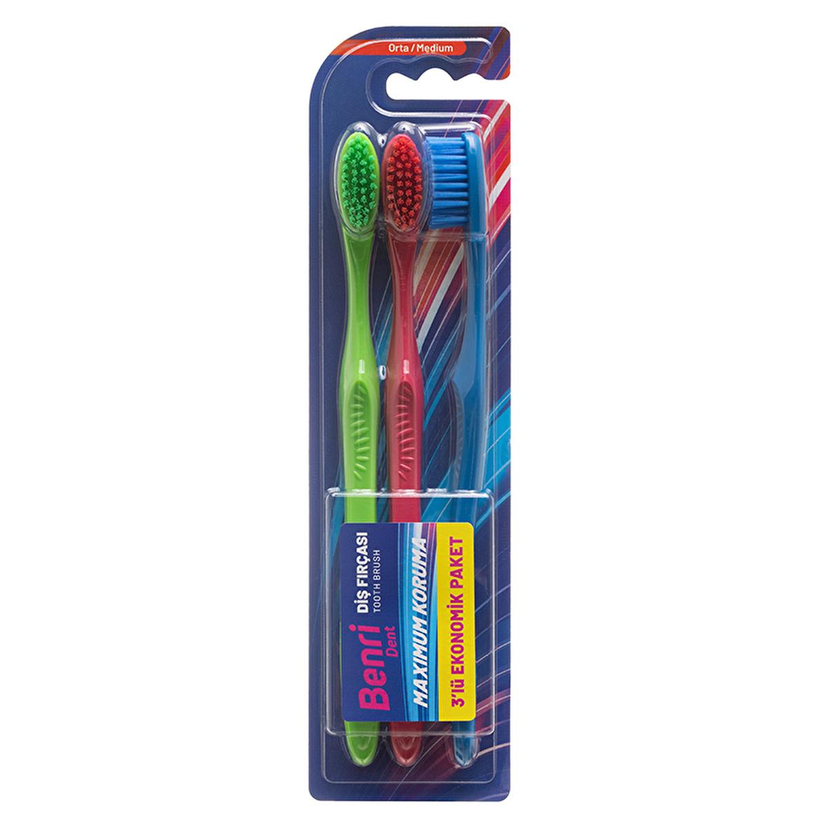 Benri Dent Toothbrush Set - 3 Medium Bristle Brushes for Adults