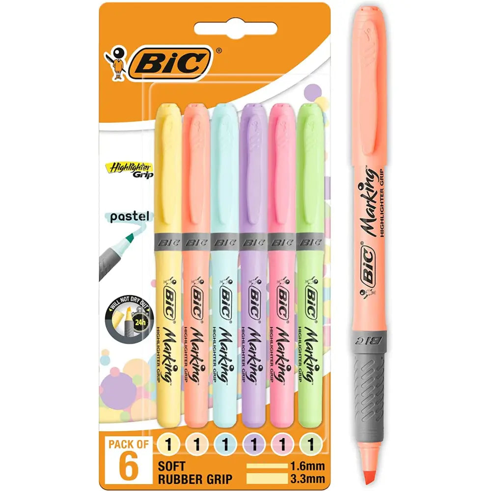 BIC Highlighter Grip Pastel, Highlighter Pens with Adjustable Chisel Tip, Rubber Grip for Extra Comfort, Assorted Colours, Pack of 6
