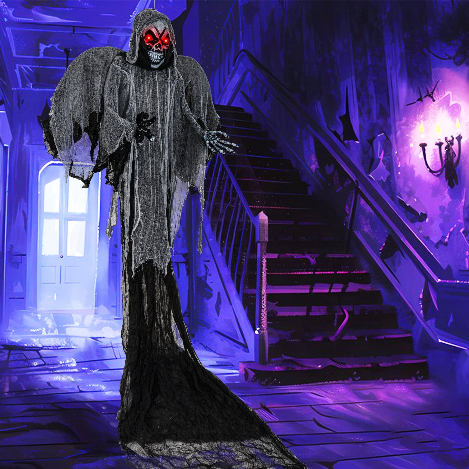 12.1 Ft Skeleton Ghost with Flickering Red Eyes and Scary Sounds