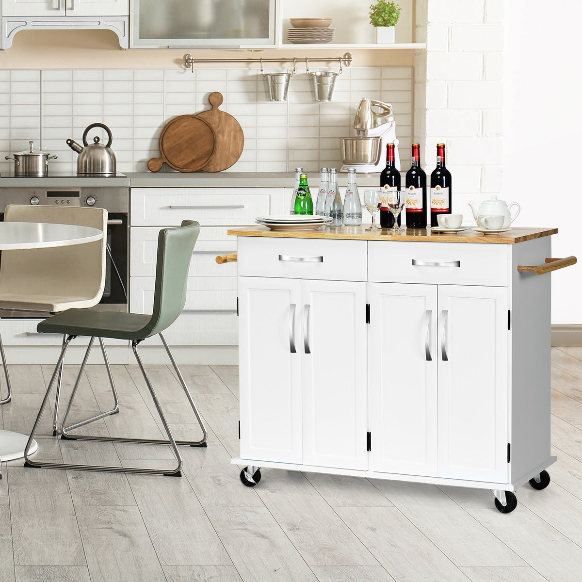 Wood Top Rolling Kitchen Trolley Island Cart Storage Cabinet