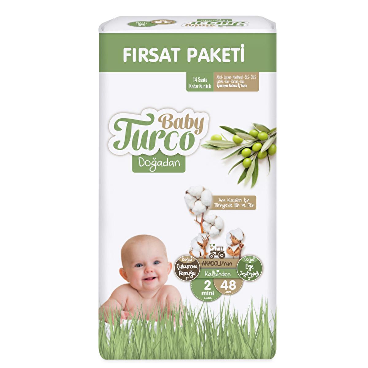 Baby Turco Natural Baby Diapers, Size 2, 48 Count - Gentle Cotton, Olive Oil Infused for Sensitive Skin
