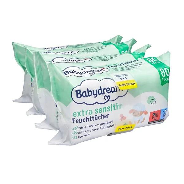 Babydream Aloe Vera Baby Wipes for Sensitive Skin: Gentle, Hypoallergenic & Fragrance-Free - 4x80 Pack