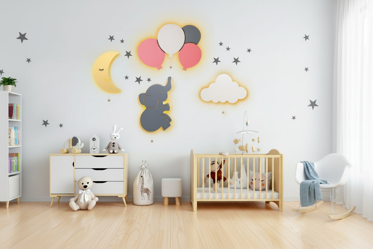 Children's room with crib, dresser, and wall decorations including a elephant, balloons, and clouds.