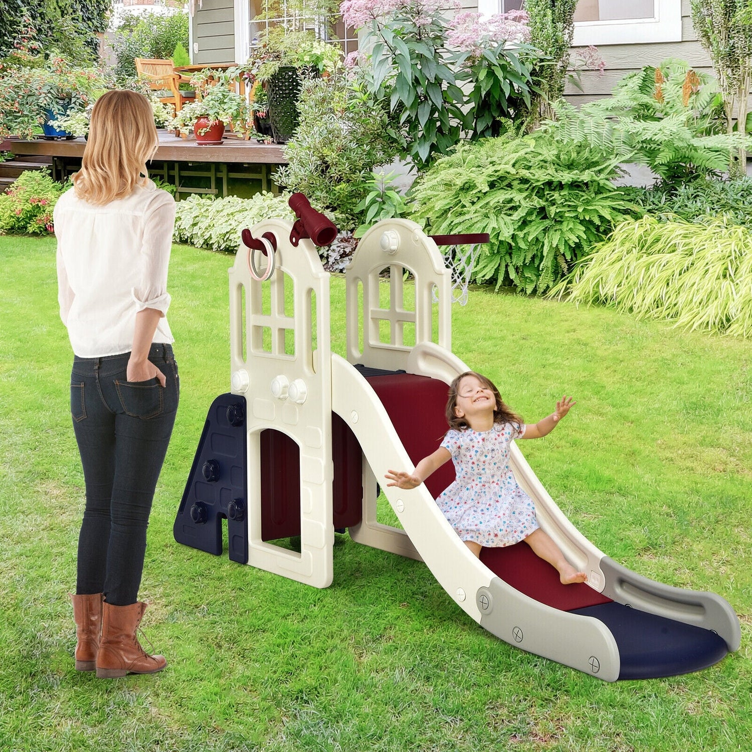 6-In-1 Large Slide for Kids Toddler Climber Slide Playset with Basketball Hoop