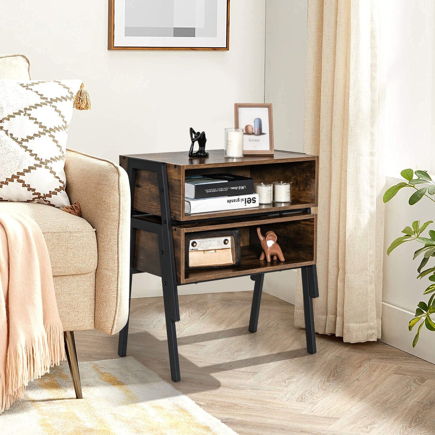 1 Piece Stackable Night Stand Shelf Accent Table with Metal Frame