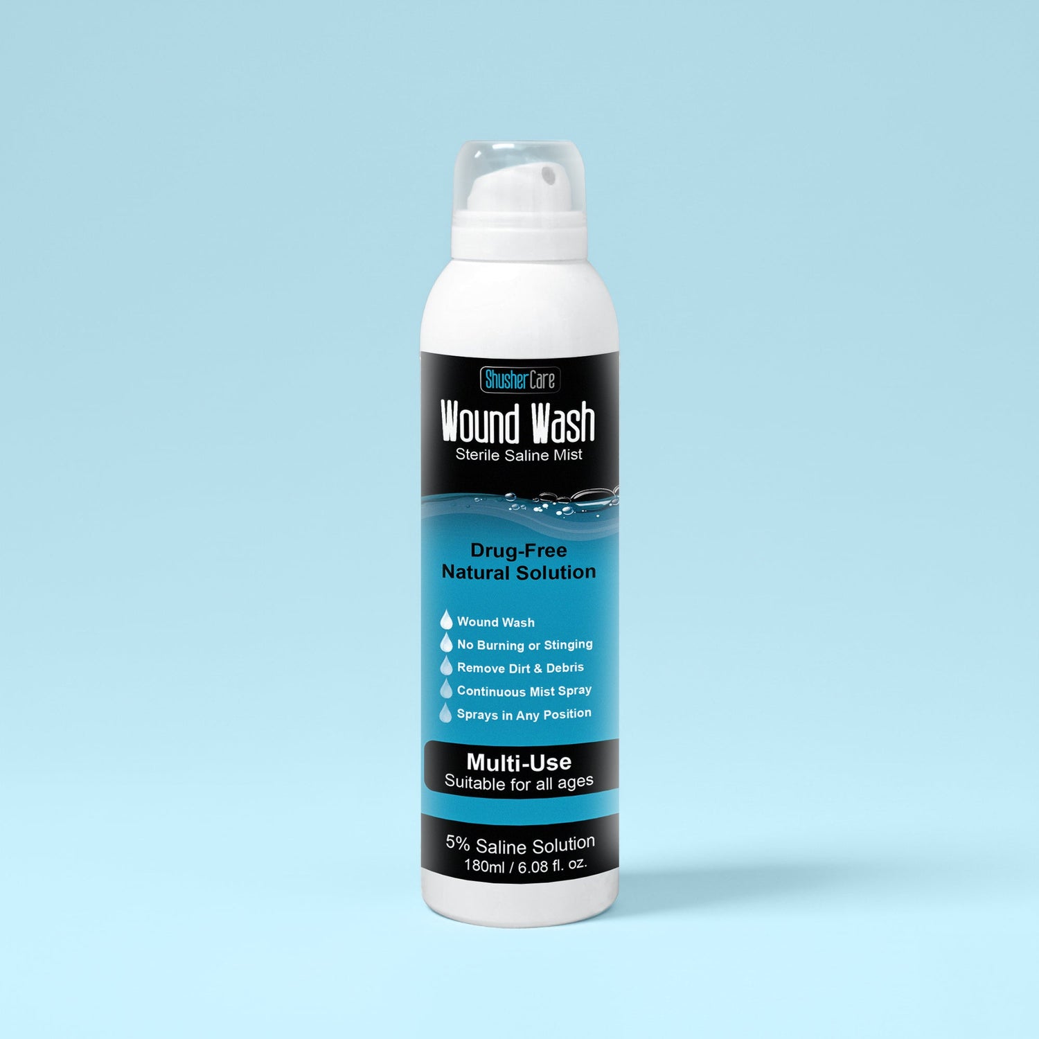 Shusher Care Wound Wash Spray – Sterile 5% Hypertonic Saline for Cuts, Scrapes & Wound Irrigation