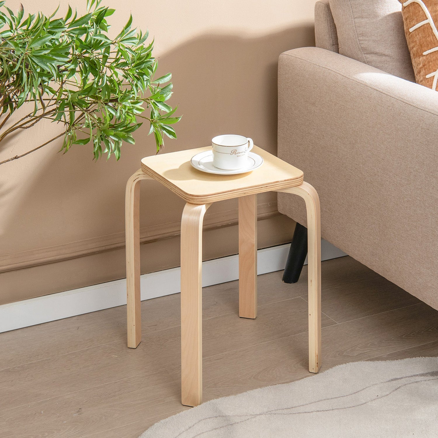 Stackable Stools Set of 4 with Square Top and Rounded Corners-Natural
