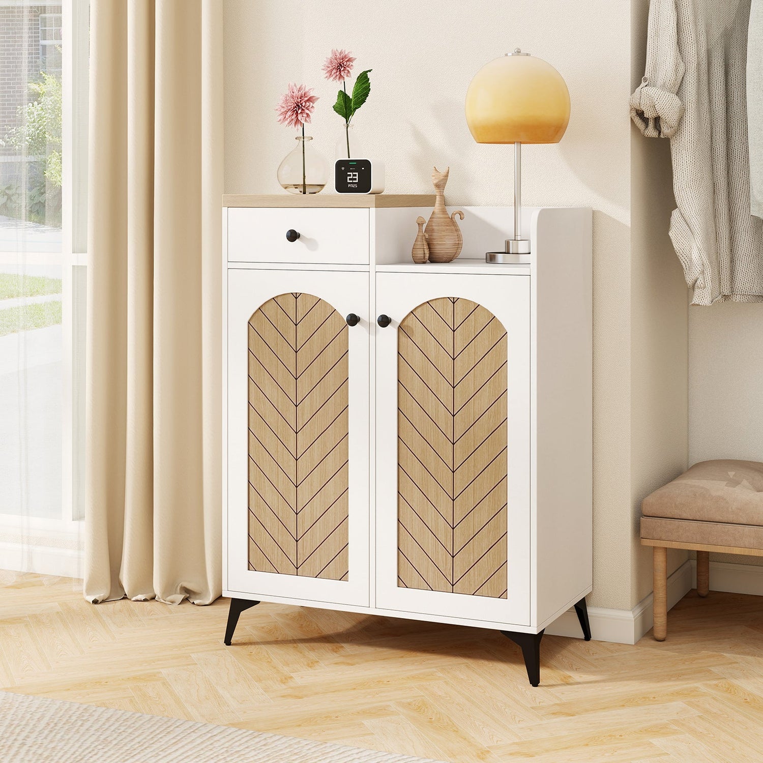 2-Door Shoe Rack Organizer with Drawer and 6 Removable Shelves-White