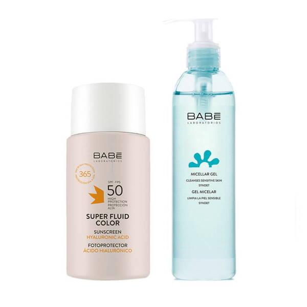 Babe SPF50 Color Sunscreen & Micellar Gel Set - High Sun Protection for Sensitive Skin
