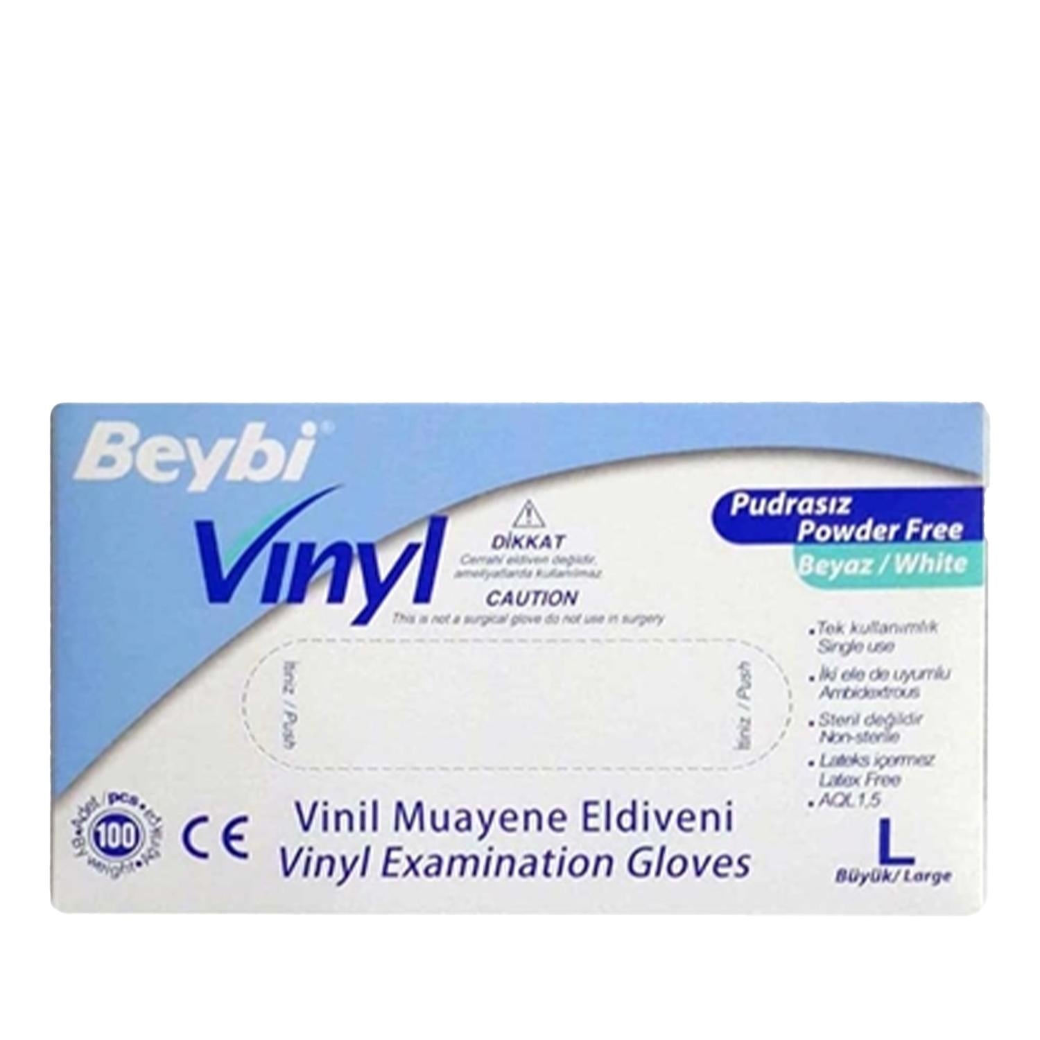 Beybi Powder-Free Vinyl Large Examination Gloves - 100 Count - Latex-Free, Medical Grade, Protective Disposable Gloves